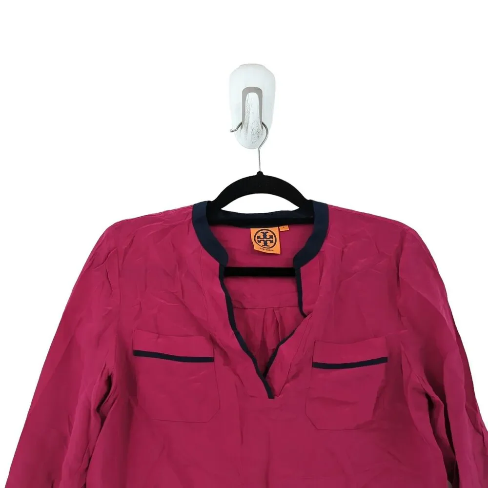 Tory Burch Women 6 Blouse Magenta Pink Contrast Long Sleeve V Neck Silk FLAW